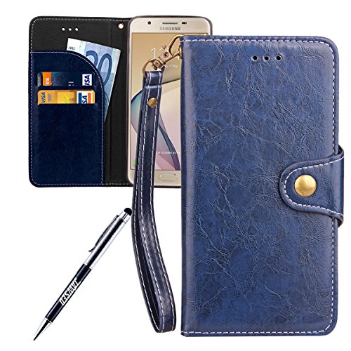 Galaxy J5 Prime Case, Galaxy J5 Prime Cover, JAWSEU [Shock-Absorption] Luxury Solid Retro Premium PU Leather Flip Cover for Samsung Galaxy ON5 2016 Protector Skin with Soft Silicone Case Credit ID Card Slots Magnetic Closure Kickstand Strap Phone Pouch Smartphone Shell Protective Wallet Case for Samsung Galaxy J5 Prime / Samsung Galaxy ON5 2016 + Stylus Pen - Blue