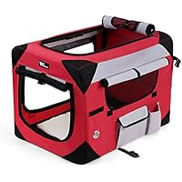 Amzdeal Hundebox Katzentransportbox, Faltbare Transportbox katzen und Hunde, Klappbare Autobox Hundetransportbox, Reisebox mit Weicher Decke und Seitlichem Einstieg, 60 x 42 x 42cm, rot-grau