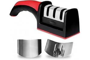 LALOLAGOURMET Premiun Knife Sharpener 3 Stage and Finger Guard Stainless Steel - Manual Kitchen Knives Sharpener – Non Slip Base, Ergonomic Handle – Practical, Easy and Safe