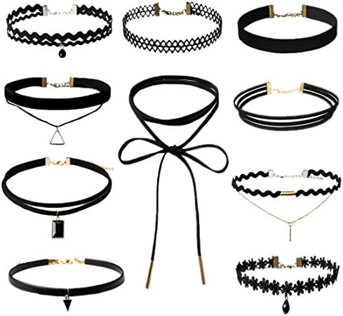 Hey Eighteen 10 Pieces Choker Necklace Set Stretch Velvet Gothic Tattoo Lace Choker Necklaces for Women Girls (black)
