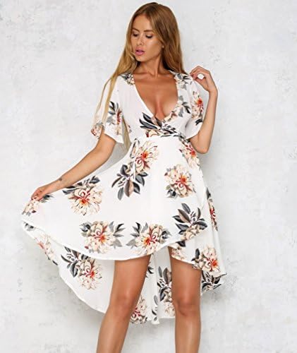 Printed Dress V Collar Short Sleeve Short Short Dress,White,M