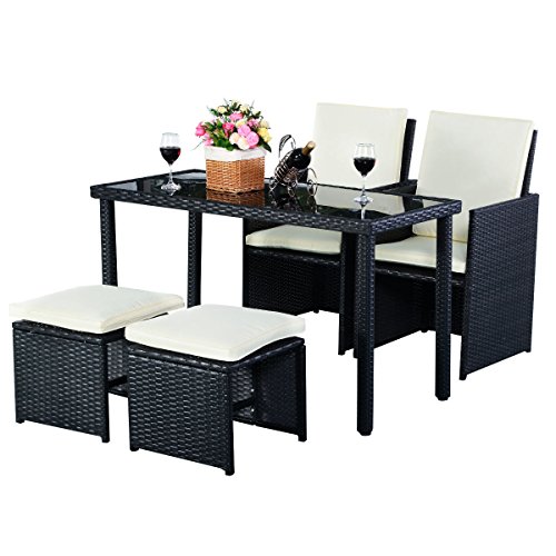 5tlg Gartenmöbel Polyrattan Lounge Set Esstisch Set Rattanmöbel Gartensitzgruppe Essgruppe Gartengarnitur Gartenset Tisch Stühlen Hocker Garnitur inkl. Kissen