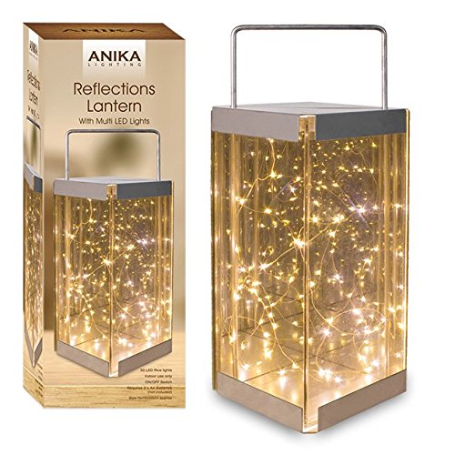 Anika Glass Reflections Lantern with 30 Warm White Battery Operated LED Rice Lights