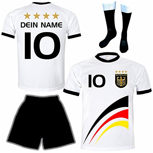 Deutschland Trikot + Hose + Stutzen mit GRATIS Wunschname + Nummer + Wappen Typ #D8 im EM / WM weiss – Geschenke für Kinder,Jungen,Baby,.. Fußball T-Shirt personalisiert als Weihnachtsgeschenk