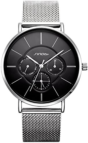 SINOBI Mens Womens Watches Black Classic Casual Wristwatch Multifunction Analogue Display Stainless Steel Case and Milanese Mesh Band (Silver)