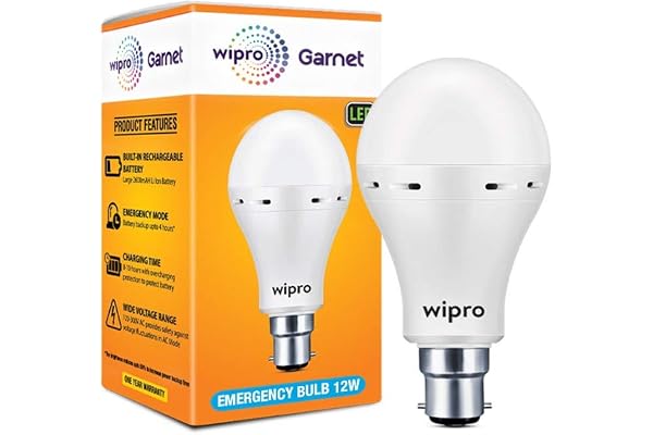 Wipro Garnet 12w LED Emergency Bulb Cool Day White (6500K) B22 LED Bulb Base Inverter Bulb for home, with 4 Hours battery back up Li-ion Battery Over charging Protection Pack of 1