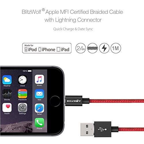 [Apple MFi Zertifiziert] Lightning Kabel, BlitzWolf 1M Nylon USB Ladekabel für iPhone 5 5s 5c 6s / 6s Plus 6SE, iPad Air, iPad mini, iPod (Schwarz) - 5