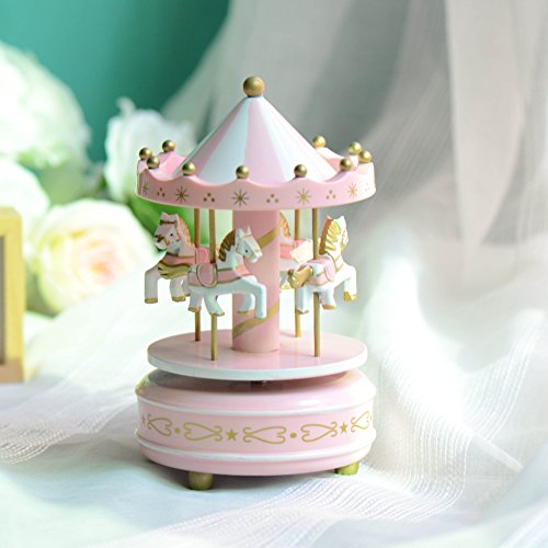 Grandey Music Box, Wooden Merry-Go-Round 4-Horse Music Box Baby Kids Children Christmas Birthday Gift Carousel Music Box (Pink)