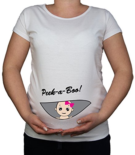 Maternity Pregnancy size 10 - 20 Cotton GIRL Peek a boo Print Top Tunic T-Shirt (Small, White)