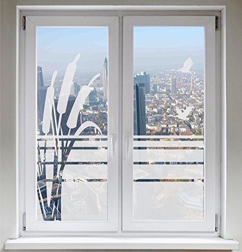 INDIGOS UG Sonnenschutz Kranich Sichtschutzfolie Glasdekorfolie Zugvögel Fensterbild Schilf satiniert blickdicht - 1000mm Breite x 500mm Höhe - auch mit Individueller Breite