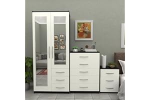 GENERIC Ready 3-Piece Bedroom Furniture Set, 2-Door Mirrored Wardrobe with Drawers, 5-Drawer Chest, 3-Drawer Bedside Table (White and Black)