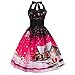 Price comparison product image POPLY Women's 90s Fancy Dress, Women's Sexy Xmas Christmas Printed Halter Sleeveless Evening Party Prom Swing Dress Vintage Dress