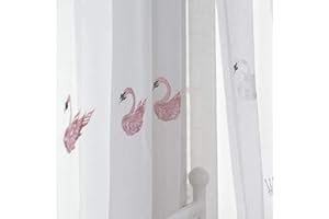 Lsimeru Schwan Vorhang Durchsichtig mit Rosa Krone Stickerei Muster Mädchen Baby Kinder Voile Gardinen Vorhänge Kräuselband Gardinenschals für Kinderzimmer 2er Set 140x260