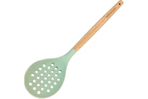 Fackelmann Schiumarola da cucina in silicone, utensile per scolare, con manico in legno di Hevea 100%, temperatura massima consigliata 230°C, lavare a mano, dimensione 31,5x8x5cm, Linea Ocean
