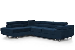 ‎COMFORTINO FURNITURE Ecksofa mit Schlaffunktion PASTI L-Form, Sofa Couch mit Bettkasten, 3-Sitzer Eckcouch, Schlafsofa für Wohnzimmer, Big Sofa Couch mit Schlaffunktion (Blau, Ottomane Links)