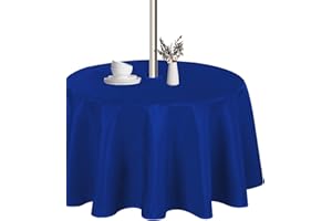 LUSHVIDA Outdoor and Indoor Tablecloth - Washable Waterproof Wrinkle Free Table Cloth with Zipper and Umbrella Hole for Spring/ Summer/ Party/ Picnic/ BBQS/ Patio (Round 60 inch, Blue)