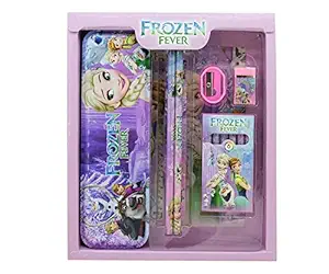 SPOCCO | Kids Cartoon Print Stationary Set for Girls Boys - with Pencil Case, Two Pencils Eraser, Scale, Sharpener and Crayon (Frozen Theme) PC18