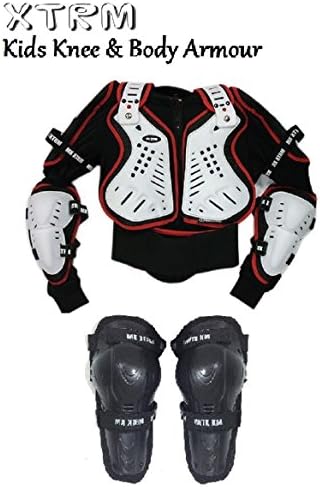 KIDS XTRM MX BODY ARMOUR Motorbike Motocross Quad Sports Armour Jacket WHITE/RED + XTRM HINGED KNEE