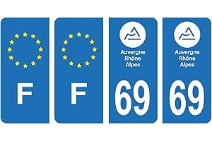 HADEXIA Lot 4 Autocollants Plaque immatriculation département 69 Rhône Région Auvergne-Rhône-Alpes & F France Europe