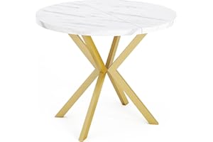 WFL GROUP Runder Ausziehbarer Golden Esstisch - Loft Style Tisch mit Metallbeinen - 120 bis 200 cm - Industrieller Quadratischer Tisch für Wohnzimmer - Spacesaver - Weißer Marmor - 120 cm