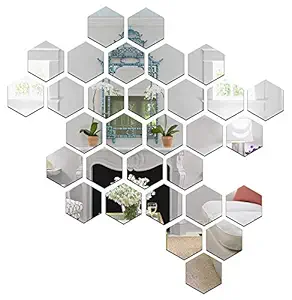 Wall1ders 31 Hexagon & 10 Butterflies Silver (Size 10.5 x 12 cm) mirror stickers for wall, hexagon mirror wall stickers, acrylic mirror wall decor sticker, hexagonal mirror wall sticker, wall mirror stickers, wall stickers for hall room, bed room, Kitchen.