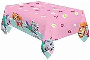 ‎PROCOS Procos 90278 - Tischdecke Paw Patrol, Skye & Everest, Größe 120 x 180 cm, Tischtuch aus Plastik, Helden auf vier Pfoten, Hunde, Party, Tischdekoration, abwischbar, Rosa, Grün