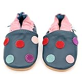 Weiches Leder Babyschuhe mit Wildledersohle Dotty Fish. Marineblau Mehrfarbig Punkte-Design Mädchen - 3