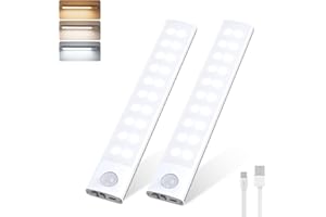 HIGHLUC Lampe de Placard 40 LED, 20cm Reglette LED Cuisine Detecteur de Mouvement, Rechargeable USB-C Sans Fil 3 Couleurs Dimmable Éclairage à LED Veilleuse pour Armoire Cuisine Escalier Couloir (2 Pièce)