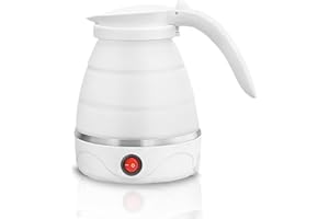 TOPSPITGO Camping Tragbarer Wasserkocher für Unterwegs,Mini Faltbarer Reisewasserkocher Klein,0.6L Electric Kettle,Edelstahlboden，Silikon Wasserkessel Für Küche、Reise、Camping、Outdoor (Weiß)