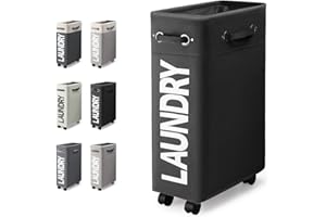 Rieeyrslza Faltbarer Wäschekorb mit Rollen 45L Schmaler Oxford-Stoff Faltbarer Wäschekorb dünner Wäschesammler Faltbare Wäschekörbe mit Rad Wäschebox Wäschesäcke Wäschesammler (Schwarz o2)