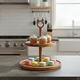 Deconox Doğal Akasya Ağacından Ahşap 2 Katlı Kurabiyelik ve Servis Tabağı | Sunum Standı | &Ccedil;ap: 18 cm, Y&uuml;kseklik: 25 cm | Doğ