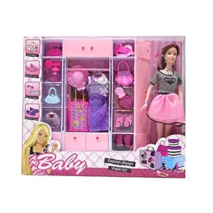 TEMSON Baby Doll Pretend Play Fashion Set with Handbag, Hat, Shoes, Suitcase, Dresses and Jewelry Dress Change Doll Set Toy for Kids, Multicolor