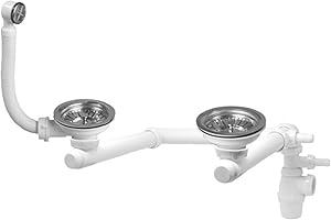 Wirquin 30723182 Ensemble complet bonde et siphon pour évier 2 bacs avec trop-plein rectangulaire et prise machine à laver, chromé et blanc