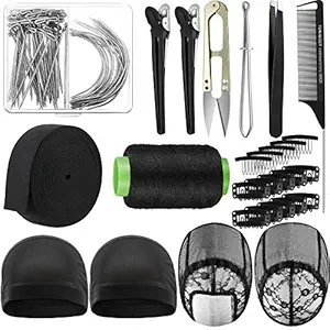 Wig Making Cap Pins Needles Set, Dome Mesh Lace Wig Cap 70 Pieces T Pins C Curved Weaving Needles Metal Snap Wig Combs Rat tail Combs Elastic Wig Band Black Hair Clips Scissor Tweezers Wig Sewing