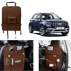 Oshotto Car Backseat Storage Organizer Phone Holder,Multi-Pocket for Bottles, Tissue Boxes,Kids Toy Storage and Great Travel Accessory Compatible with Hyundai Venue (Brown)
