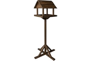GREENFIELDS Deluxe Dark Wooden Bird Feeding Garden Table – Large Outdoor Free-Standing Bird Feeder House for Wild Birds, Traditional Rustic Wooden Bird Table with Roof Shelter for Garden, Patio & Backyard