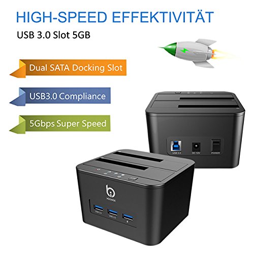 Techkoo Dual Bay Festplatten Dockingstationen, Festplatten Docking Station mit 3Ports USB 3.0 Hub, mit Netzteil Adapter, SATA 2,5/ 3,5Zoll HDD SSD SATA Festplatten - 5