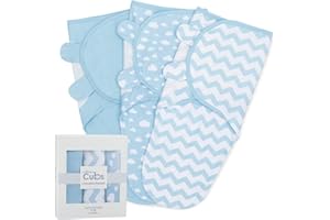 Comfy Cubs Baby Blanket, Swaddle Blanket 0-3 months, Newborn Essentials, Infant Sleep Sack Wrap, 100% Breathable Cotton, Baby Boy Girl, Adjustable 3 Pack (Blue, Small-Medium)
