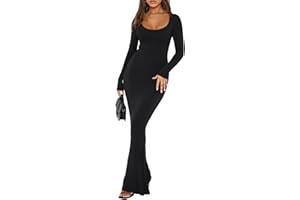 REORIA Womens Sexy Square Neck Long Sleeve Soft Lounge Long Dress Fall Casual Ribbed Bodycon Maxi Dresses