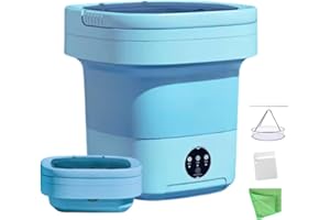 POPPYLANE Portable Washing Machine, 11L Foldable Washer & Spin Dryer with Laundry Bag & Drying Net & Microfiber Cloths, Laundry Machine with 3 Cleaning Modes for Baby Clothes and Underwear (Blue)