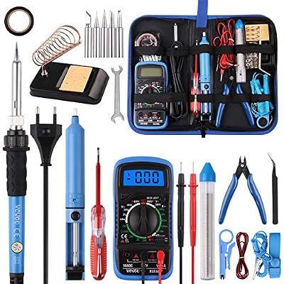 WOWGO Fer à Souder Electrique Kit de Soudage 60W Température Réglable avec Multimètre Numérique, Support de fer à Souder, Pompe à Dessouder et Sac à Outils en PU Portatif