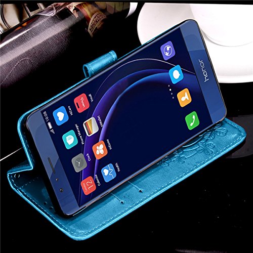 Etsue Lanyard/Strap für Huawei Honor 8 [Blumen Baum Blatt] Leder Schutzhülle Ledertasche Case Muster, Bunte Retro Floral Leaf Painted Magnetverschluss Premium Leder Hülle Wallet Cover Flip Case Brieftasche Hülle Standfunktion Kartenfächer Handyhüllen für Huawei Honor 8 + 1x Glitzer Staub Stecker + 1x Blau Eingabestift-Blau - 4