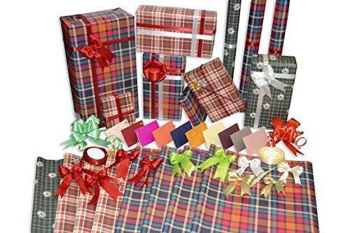 Allied Quality Assured Wrapping Paper Cross Check Sheet Roll with 2 Ribbons, 12 Bows, 10 Cards and 7 Glitter Strikers, 27x18.5 Inches (Pack of 8)