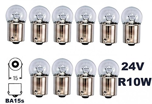 Bombilla incandescente de 24 voltios, 10 unidades, 10 W, BA15S, 10 vatios, bombillas de cristal Con certificado E [aprobado por la STVZO] - Hallenwerk