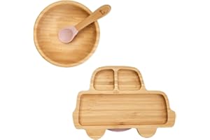 Baby Weaning Set by Tiggi - Baby Feeding Set Complete with Bamboo Suction Plate and Bowl, The Complete Baby Feeding Set - Ideal Weaning Gift Set for Stress Free Baby Weaning (Car, Dusky Pink)