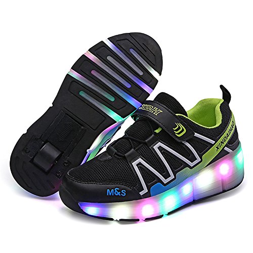 Enfants LED Chaussures à Skates avec Poussoir Ajustable Roues et USB Rechargeable Clignotante Patins à roulettes Outdoor Gymnastique Sneakers pour Garçons Filles