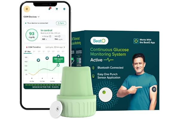 BeatO CGM Glucose Monitor for diabetes | Bluetooth Connected CGM Sugar Test Machine for home | 15-Day Glucose Tracking | No-S