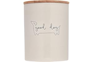 Pearhead Dobry słoik na smakołyki dla psa, ceramiczny i drewniany pojemnik na smakołyki dla zwierząt domowych, neutralny nowoczesny wystrój kuchni, akcesoria dla zwierząt, słoik do przechowywania