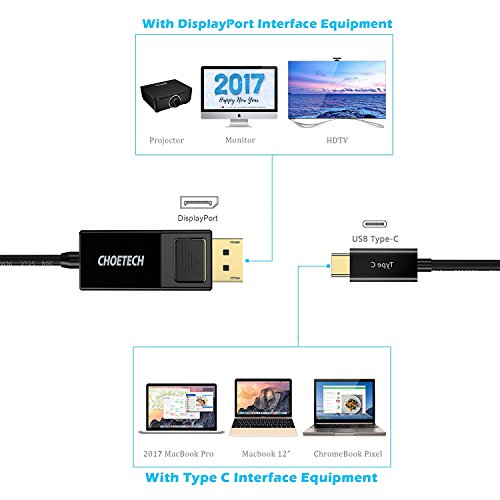 USB C auf DisplayPort Kabel (6ft/1.8m), CHOETECH (4K @ 60Hz) USB 3.1 Typ C (Thunderbolt 3 kompatibel) zum DP Kabel für 2016 MacBook Pro, MacBook 12, ChromeBook Pixel, Samsung Galaxy S8 / S8 Plus, etc - 2