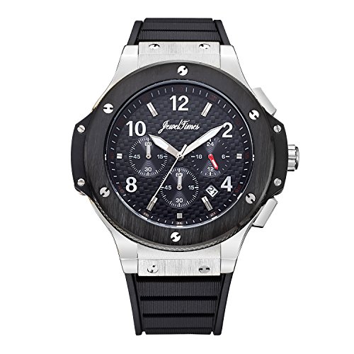 JewelTimes Hombre Reloj de pulsera Carbon Esfera Cronógrafo Cronómetro analógico de cuarzo plata